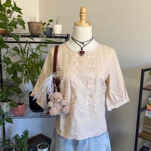 Cream Embroidered‎ Fairy Cottage Blouse Womens Large Boho Floral